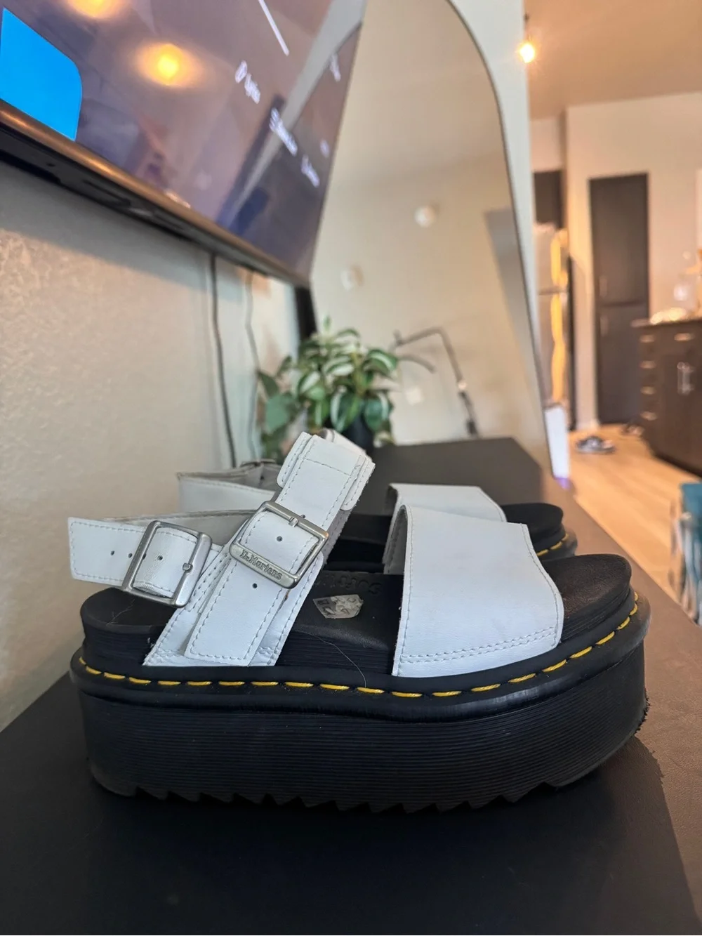 Dr. Martens White Leather Platform Buckle Sandals
